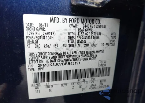 2011 Ford Edge Sel from USA, damaged, VIN 2FMDK3JC7BBB43191